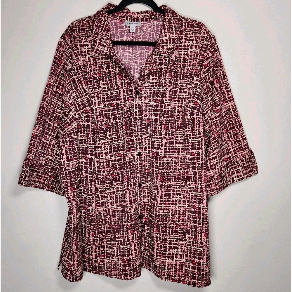 Catherines Womens 3XWP Maroon Pink Geometric Button Up Shirt Stretch Effortless